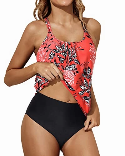 2 Piece Soft Padded Push Up Scoop Neck Tankini Set-Red Floral