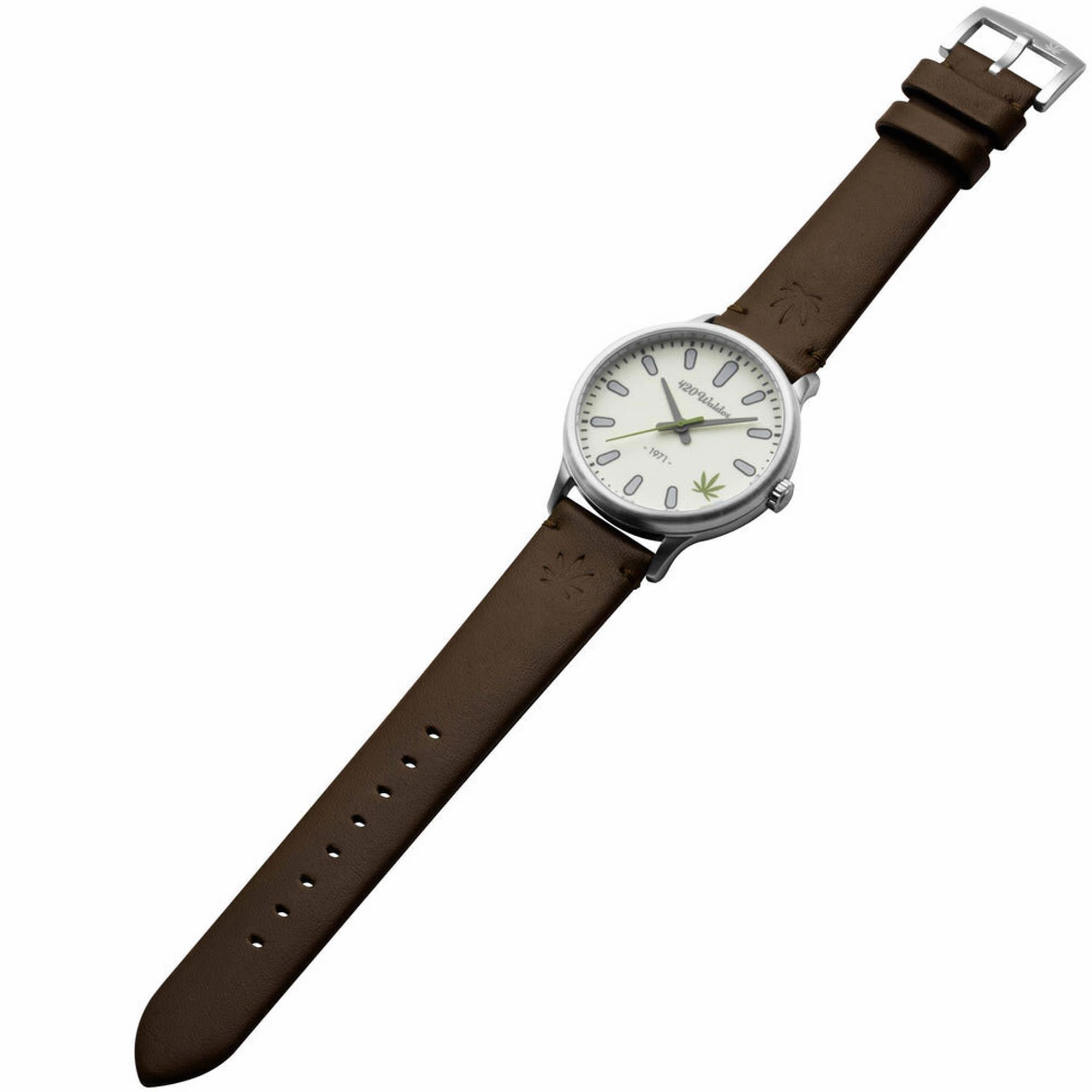 420Waldos Men's Watch - Bud Stainless Steel Case Ivory Dial Dark Brown Strap | W1007