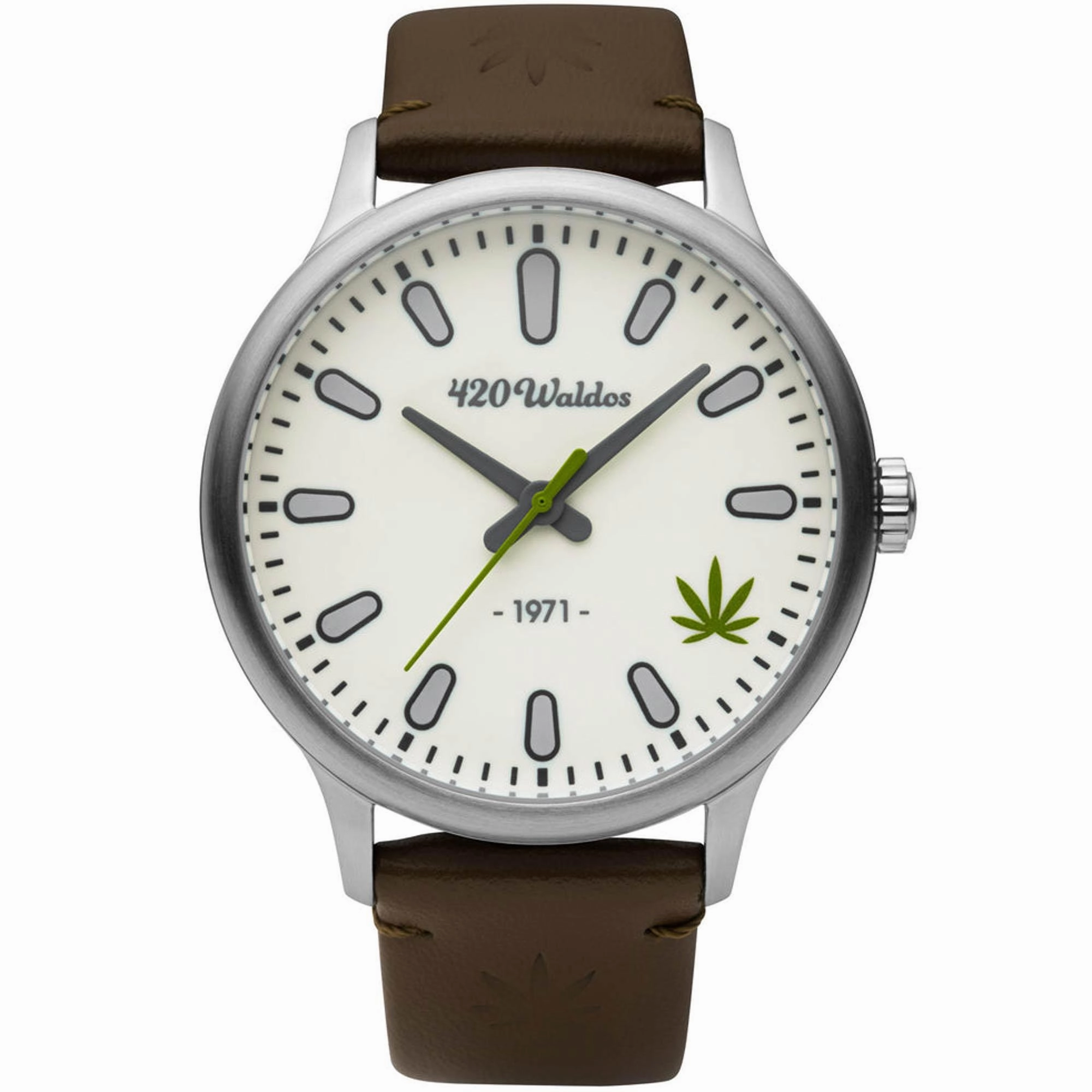 420Waldos Men's Watch - Bud Stainless Steel Case Ivory Dial Dark Brown Strap | W1007
