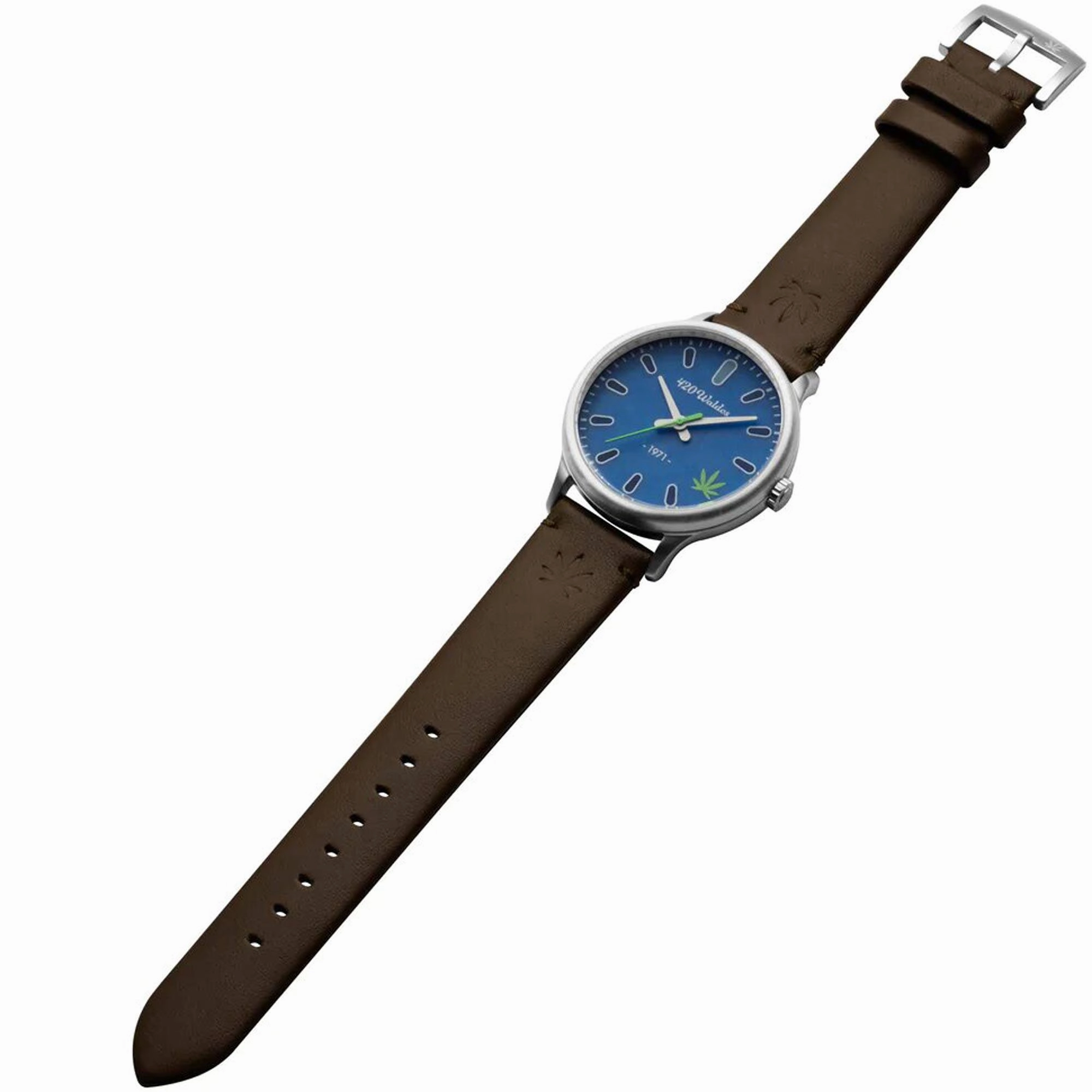 420Waldos Men's Watch - Bud Steel Case Blue Dial Dark Brown Leather Strap | W1004