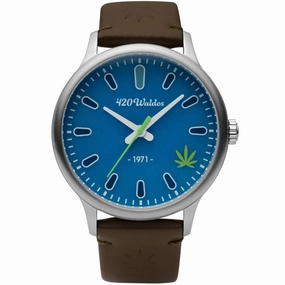420Waldos Men's Watch - Bud Steel Case Blue Dial Dark Brown Leather Strap | W1004