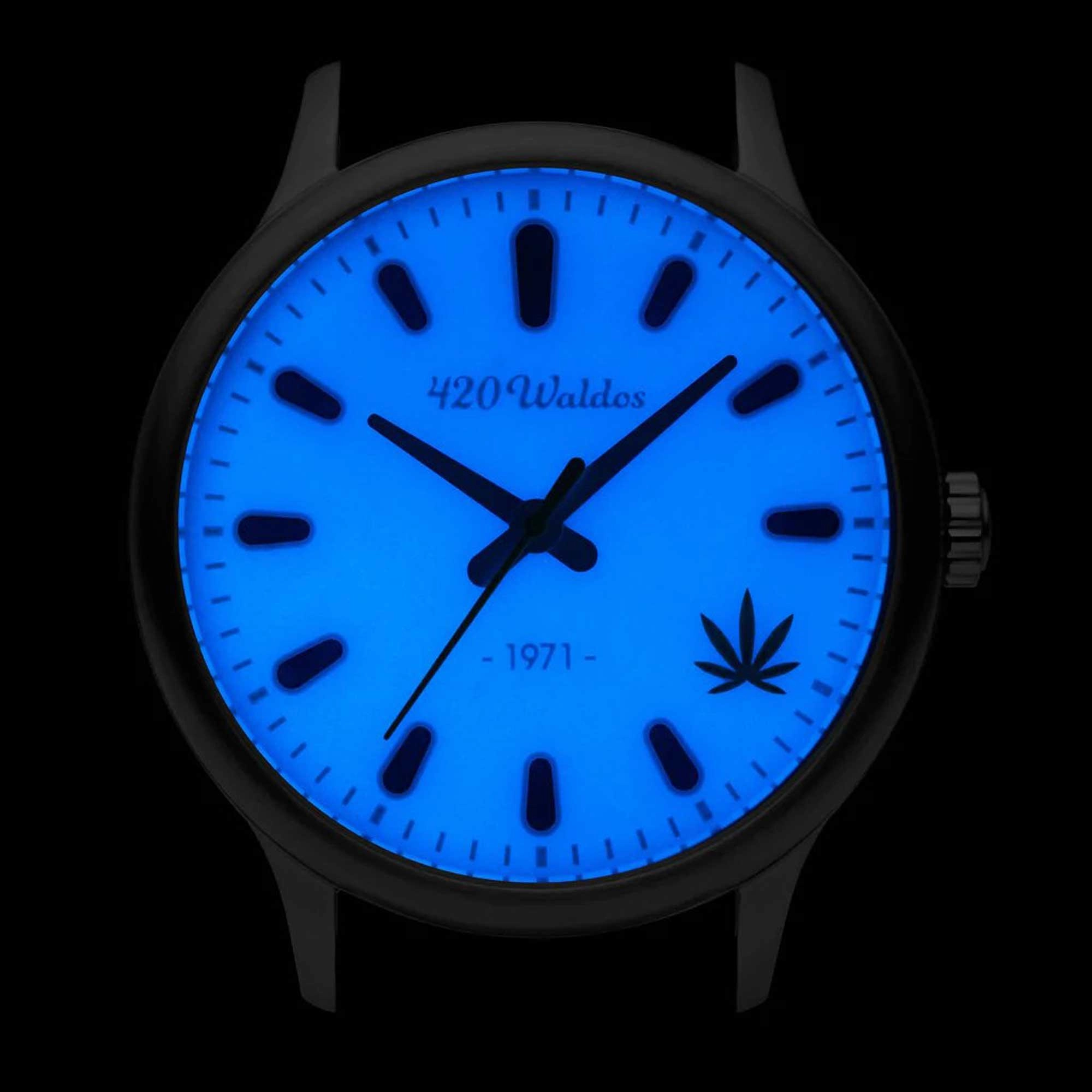420Waldos Men's Watch - Bud Steel Case Blue Dial Dark Brown Leather Strap | W1004