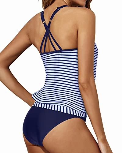 7 Soft Removable Padded Push Up Tankini Swimsuits-Blue White Stripe