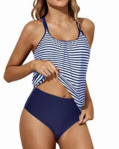 7 Soft Removable Padded Push Up Tankini Swimsuits-Blue White Stripe