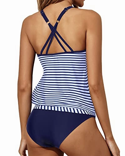 7 Soft Removable Padded Push Up Tankini Swimsuits-Blue White Stripe