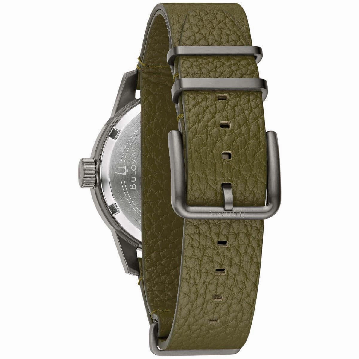 Bulova Men's Automatic Watch - Hack Black Dial Green Leather Strap | 98A255