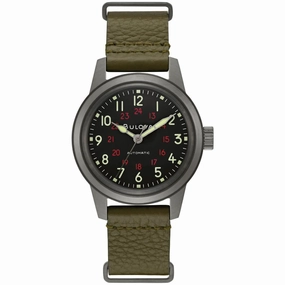 Bulova Men's Automatic Watch - Hack Black Dial Green Leather Strap | 98A255