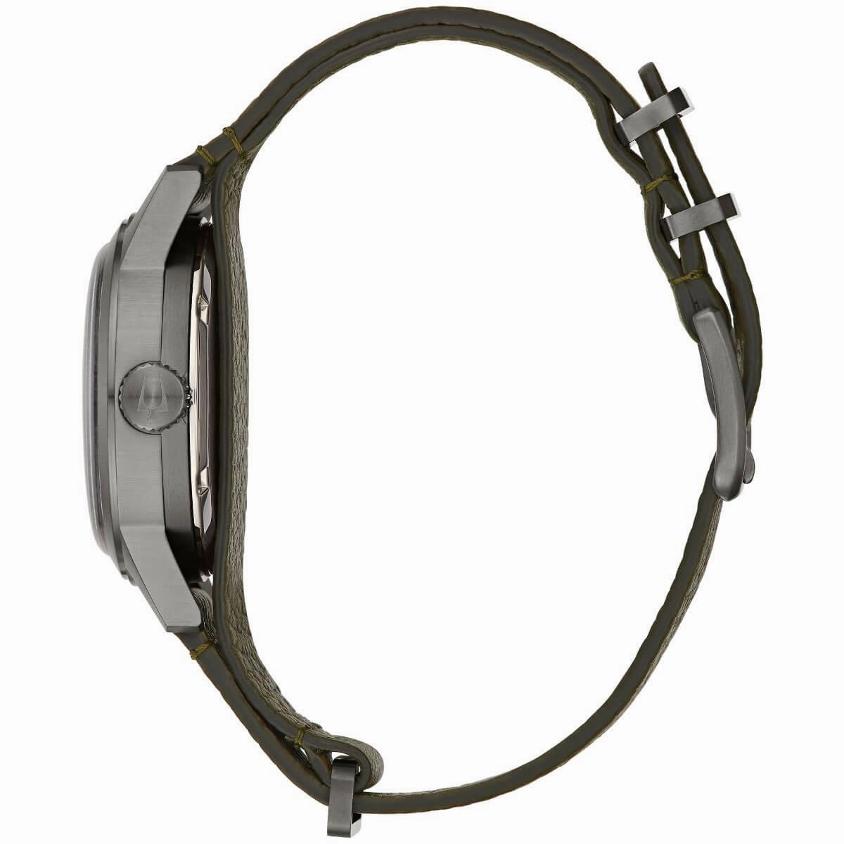 Bulova Men's Automatic Watch - Hack Black Dial Green Leather Strap | 98A255