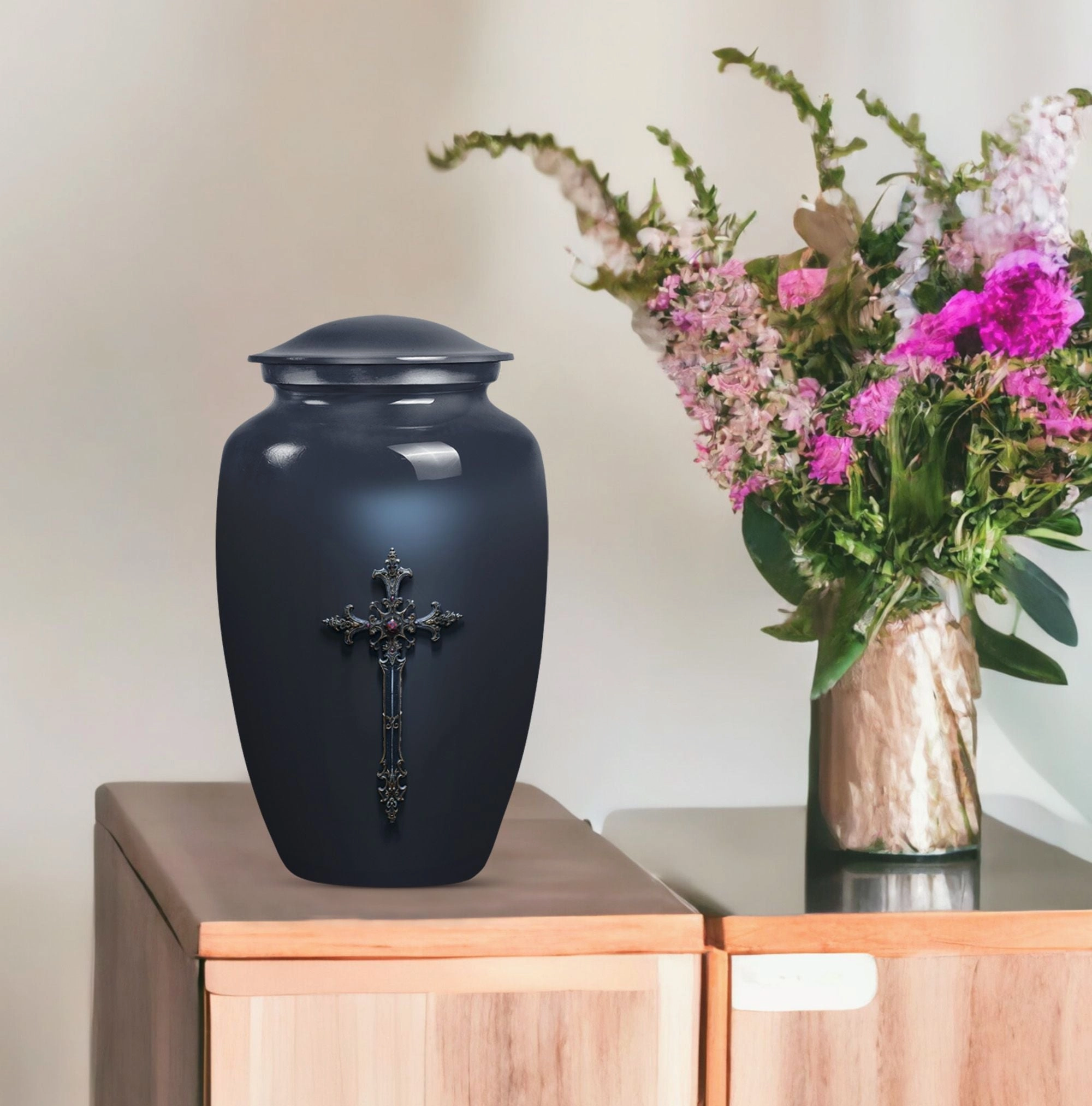 Cross and Men's Funeral Urn - Keepsake & Large Urn For Ashes