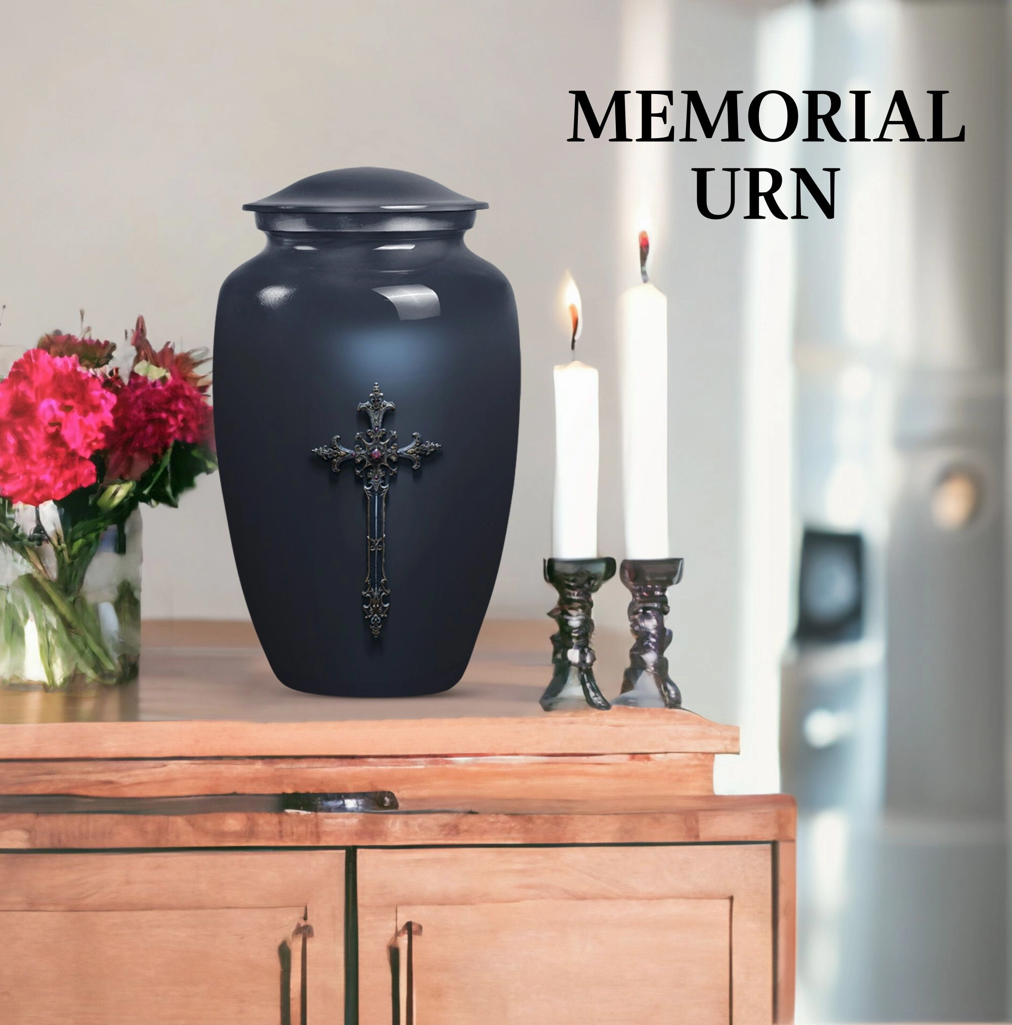 Cross and Men's Funeral Urn - Keepsake & Large Urn For Ashes