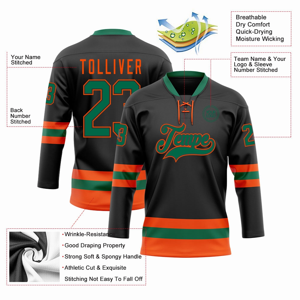 Custom Black Kelly Green-Orange Hockey Lace Neck Jersey