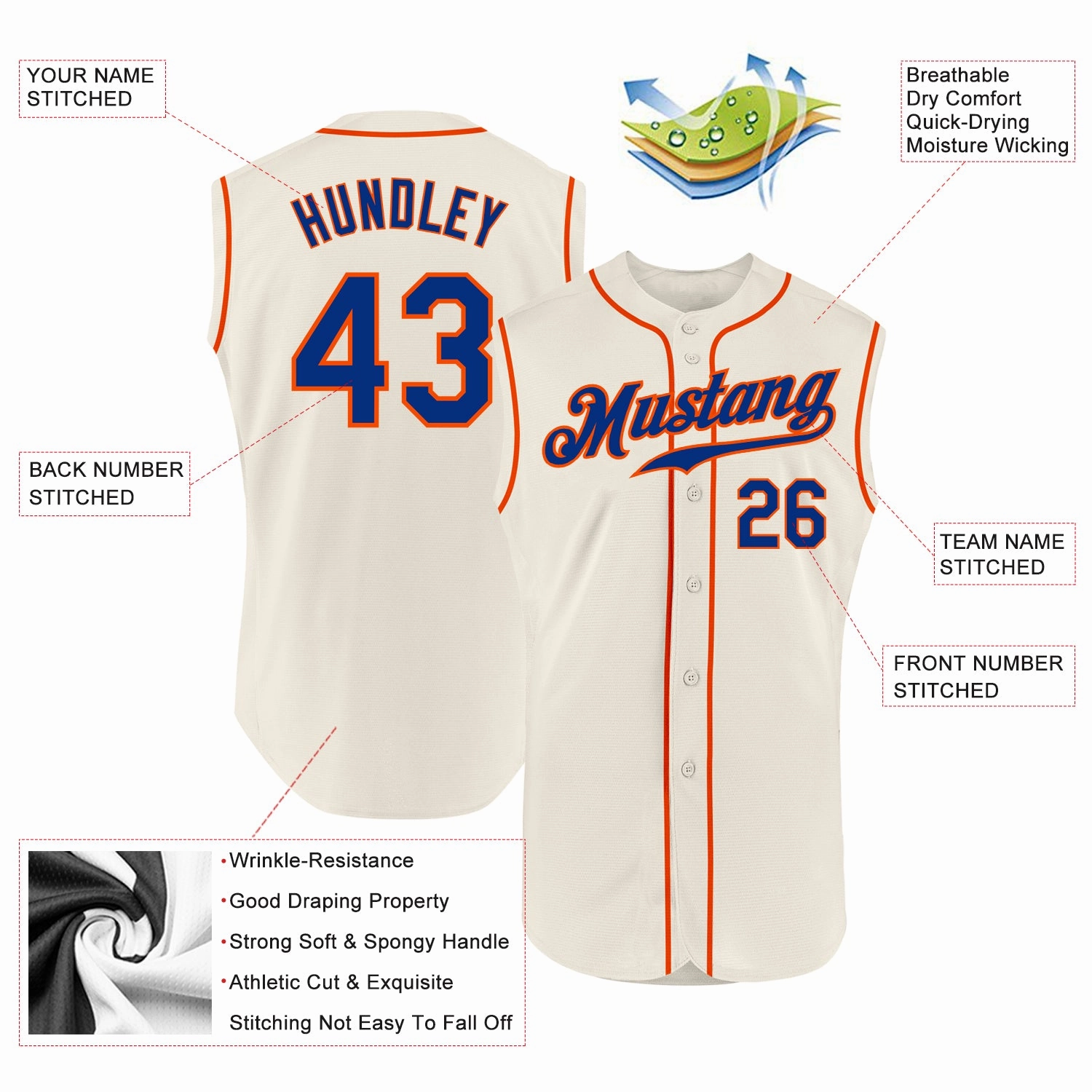 Custom Cream Royal-Orange Authentic Sleeveless Baseball Jersey