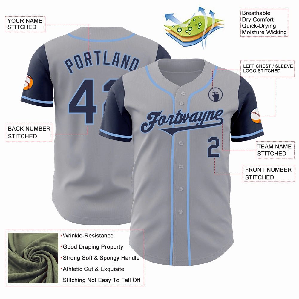 Custom Gray Navy-Light Blue Authentic Two Tone Baseball Jersey