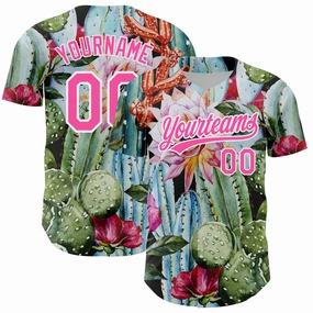 Custom Green Pink-White 3D Pattern Design Cactus Festival Authentic Baseball Jersey