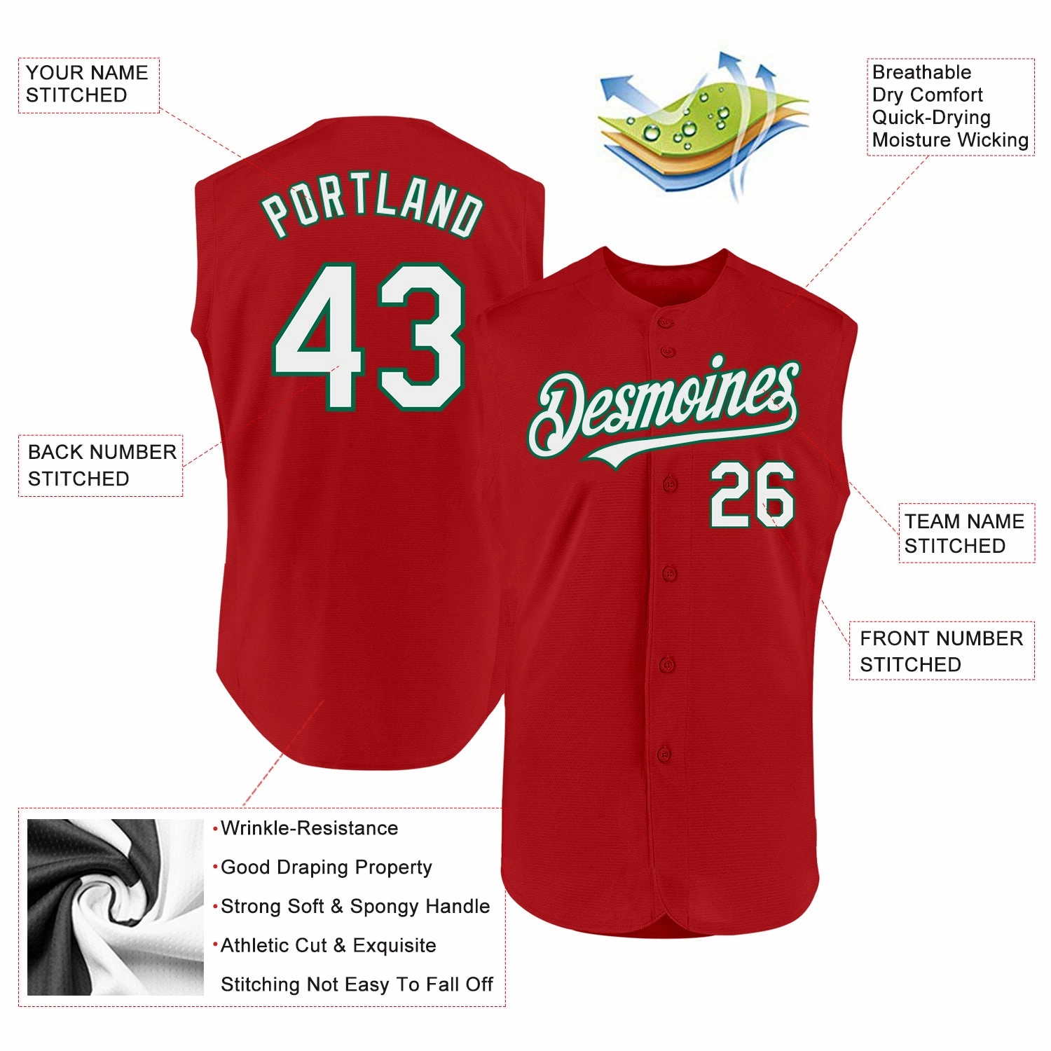 Custom Red White-Kelly Green Authentic Sleeveless Baseball Jersey