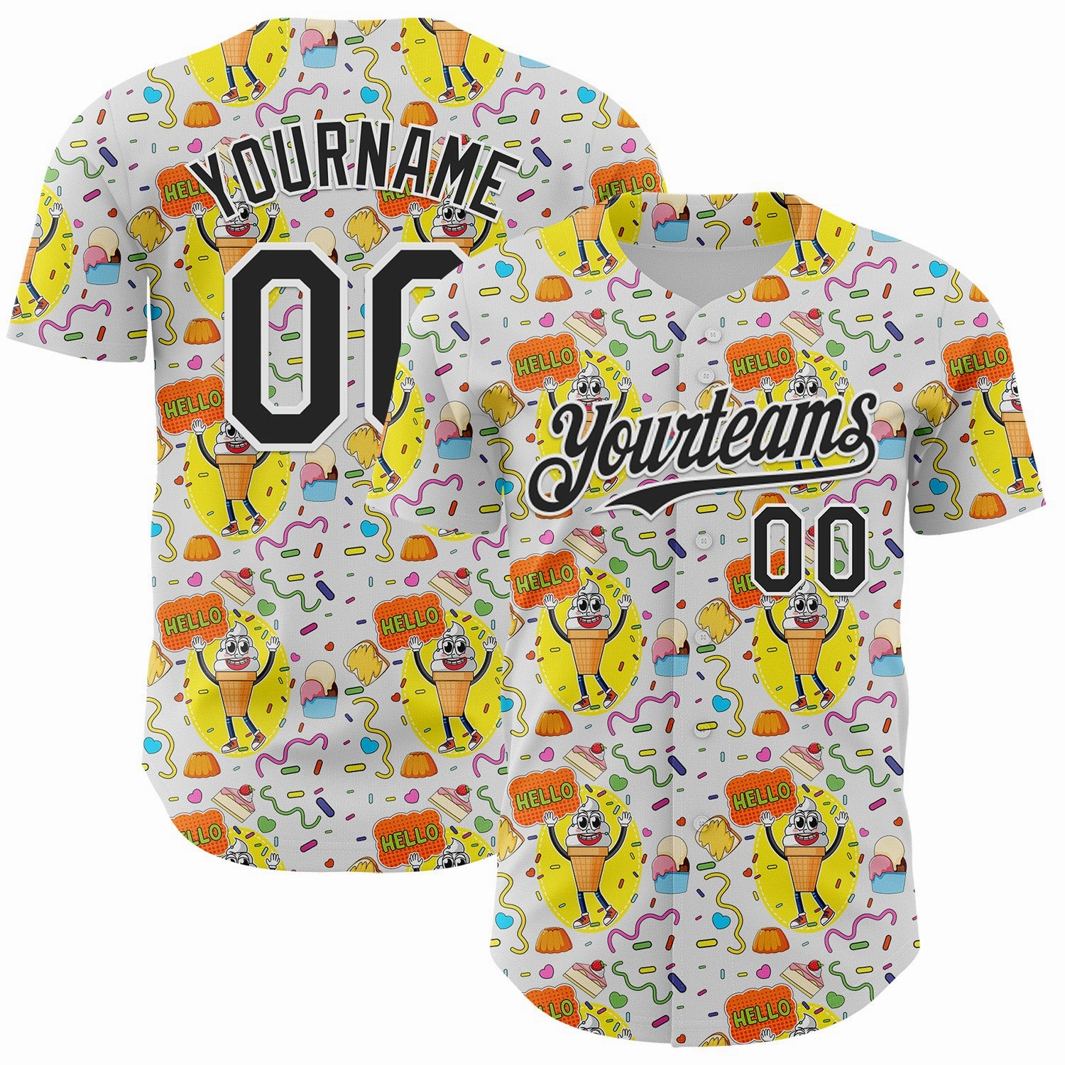 Custom White Black 3D Pattern Design Funny Cartoon Food Dessert Ice Ceam Authentic Baseball Jersey