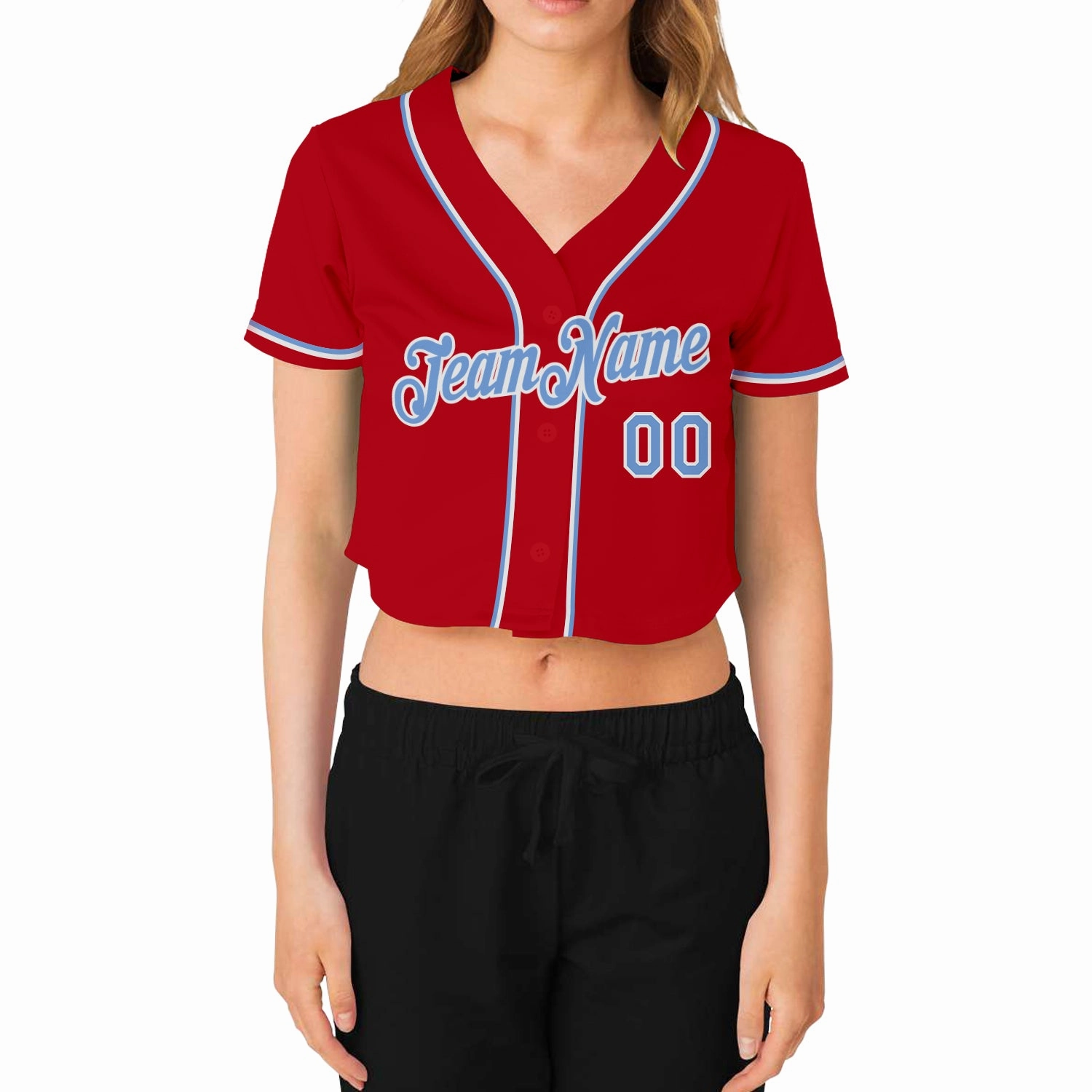 Custom Women's Red Light Blue-White V-Neck Cropped Baseball Jersey