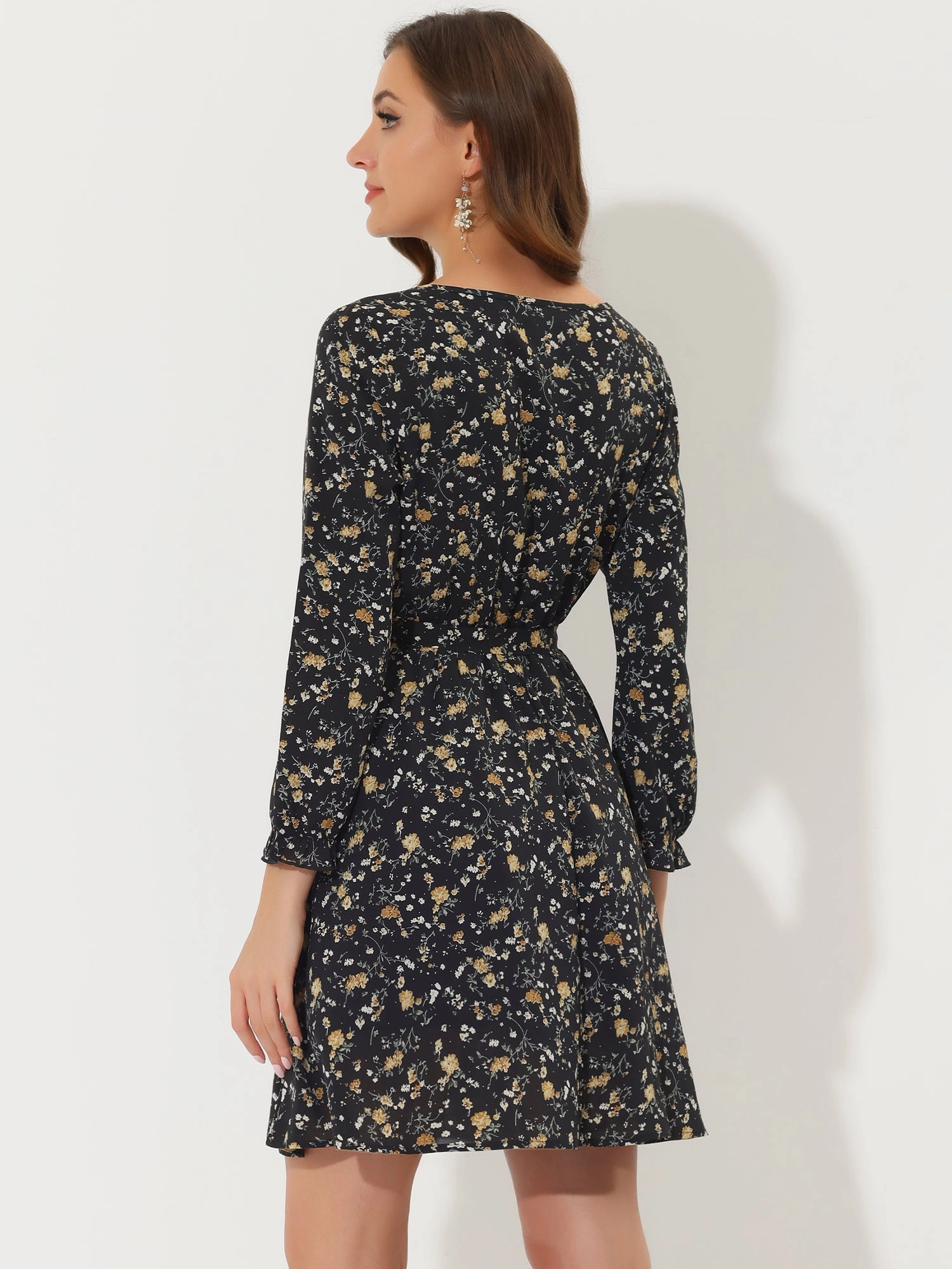 Ditsy Floral Keyhole Round Neck Elastic Tie Waist Long Sleeve Dress
