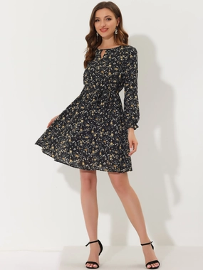 Ditsy Floral Keyhole Round Neck Elastic Tie Waist Long Sleeve Dress