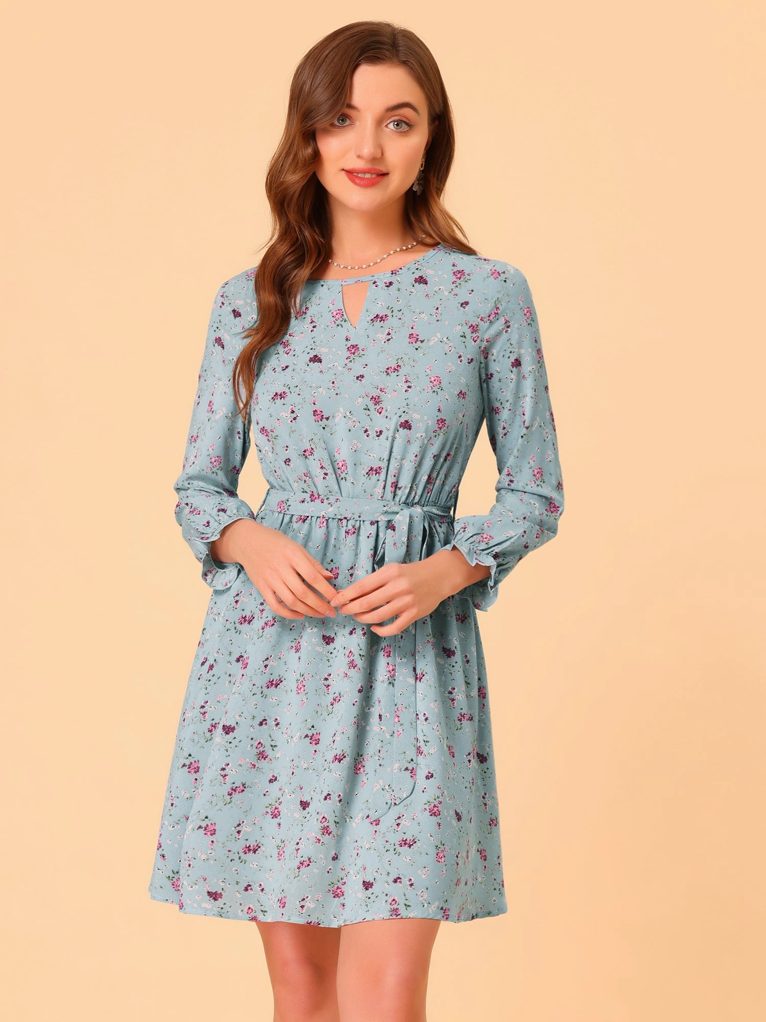 Ditsy Floral Keyhole Round Neck Elastic Tie Waist Long Sleeve Dress