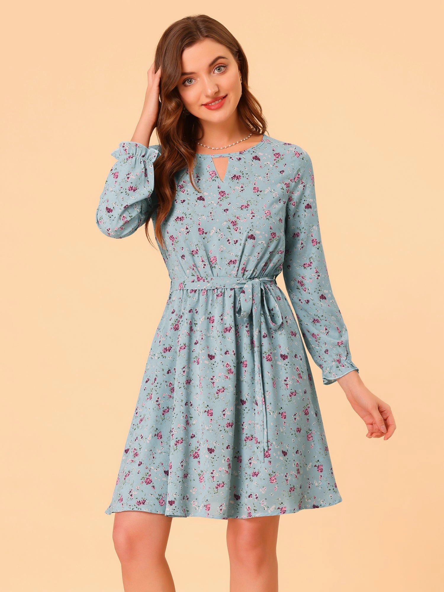 Ditsy Floral Keyhole Round Neck Elastic Tie Waist Long Sleeve Dress