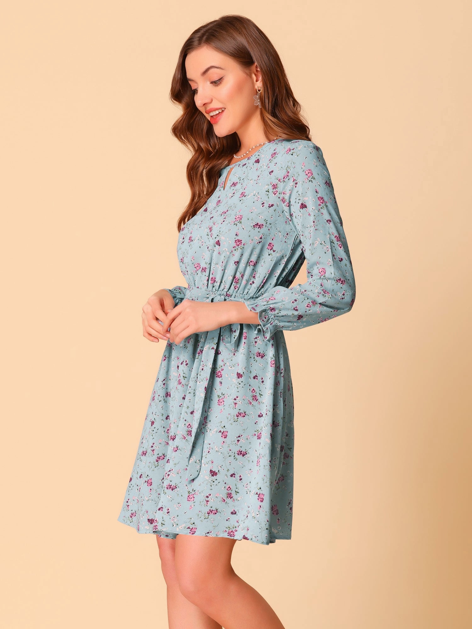 Ditsy Floral Keyhole Round Neck Elastic Tie Waist Long Sleeve Dress