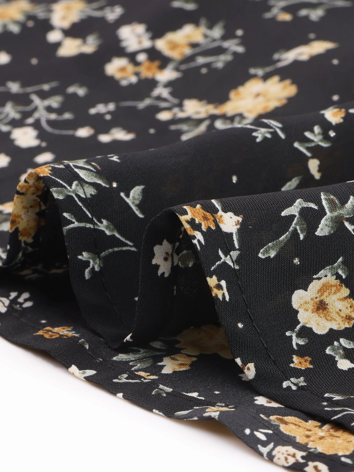 Ditsy Floral Keyhole Round Neck Elastic Tie Waist Long Sleeve Dress