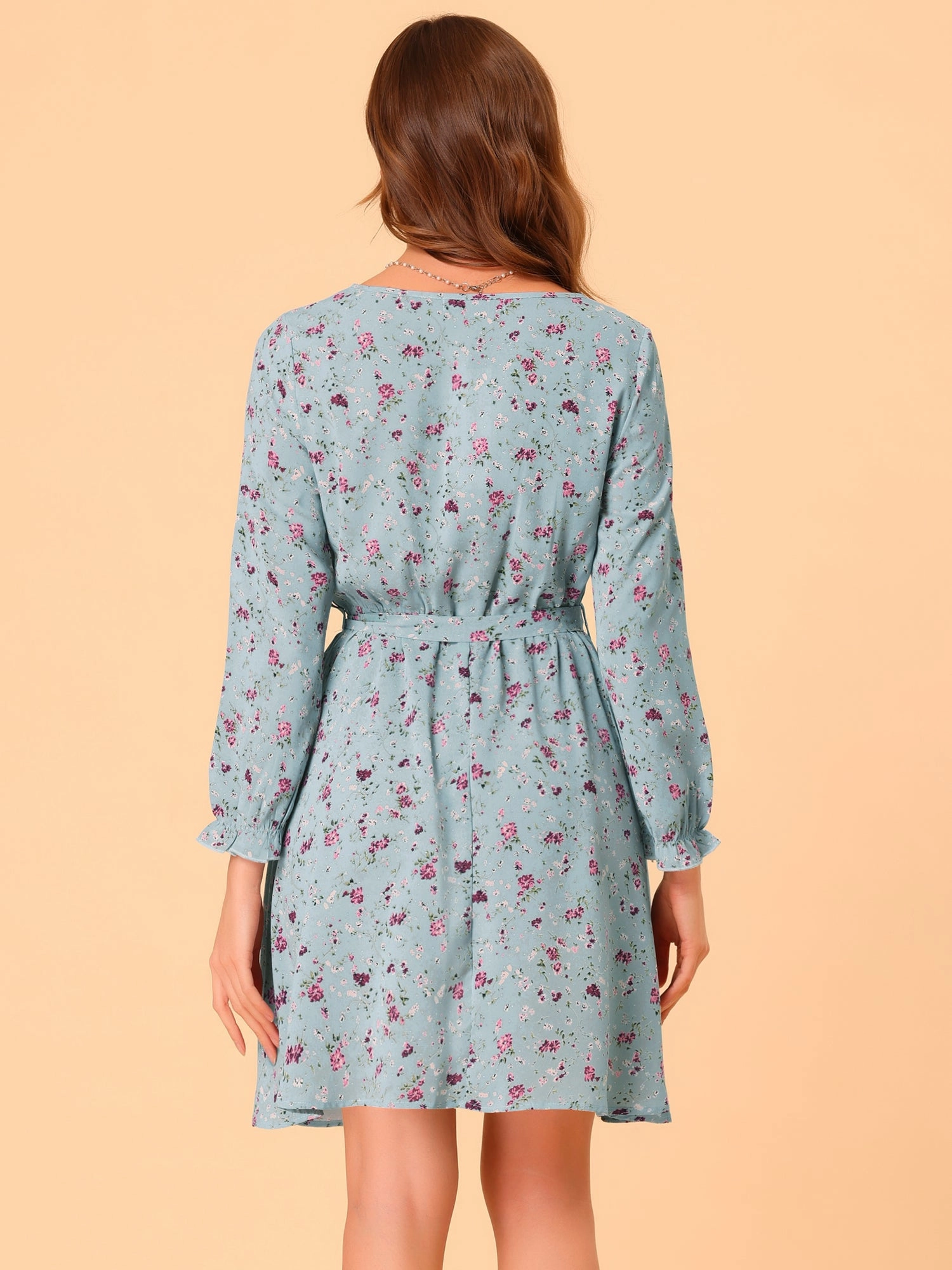 Ditsy Floral Keyhole Round Neck Elastic Tie Waist Long Sleeve Dress