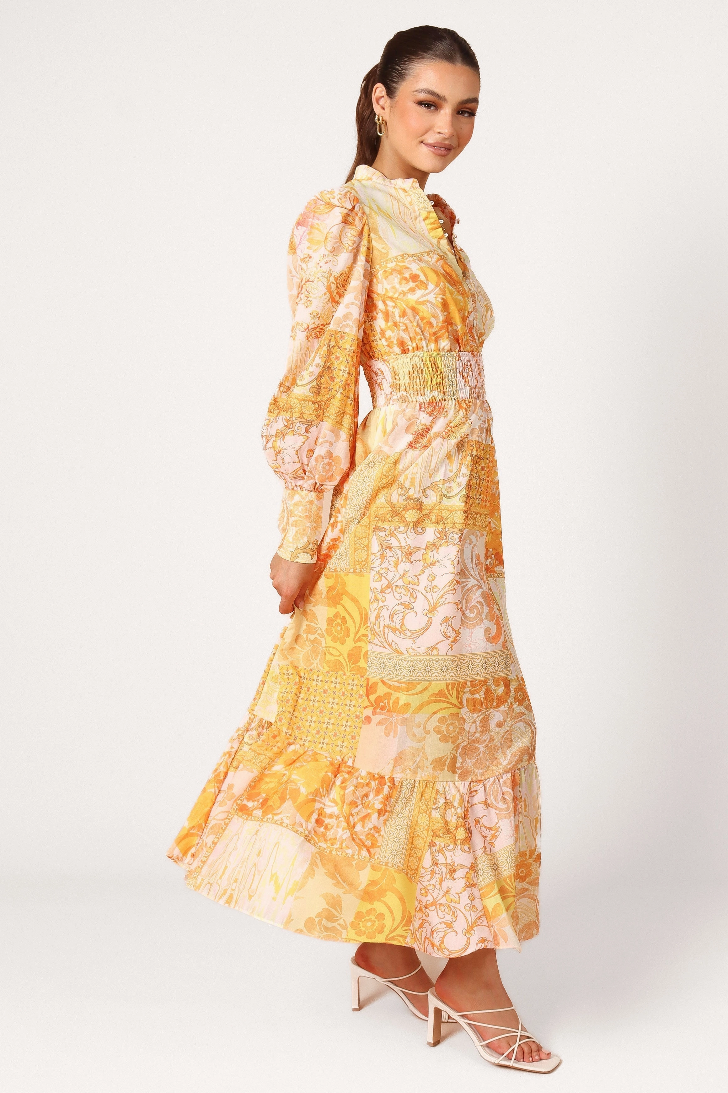 Elements Elastic Waist Long Sleeve Maxi Dress - Mustard