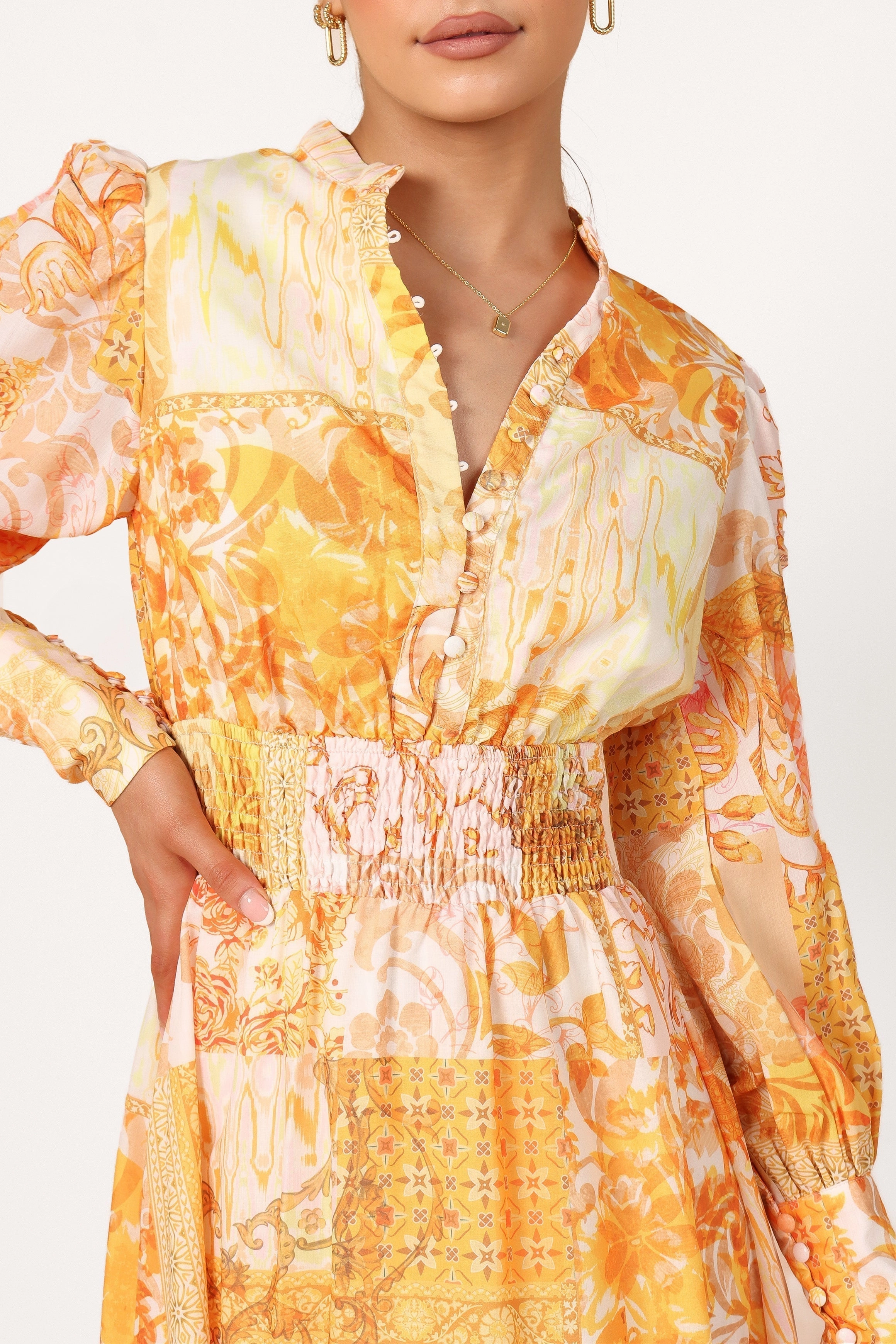 Elements Elastic Waist Long Sleeve Maxi Dress - Mustard