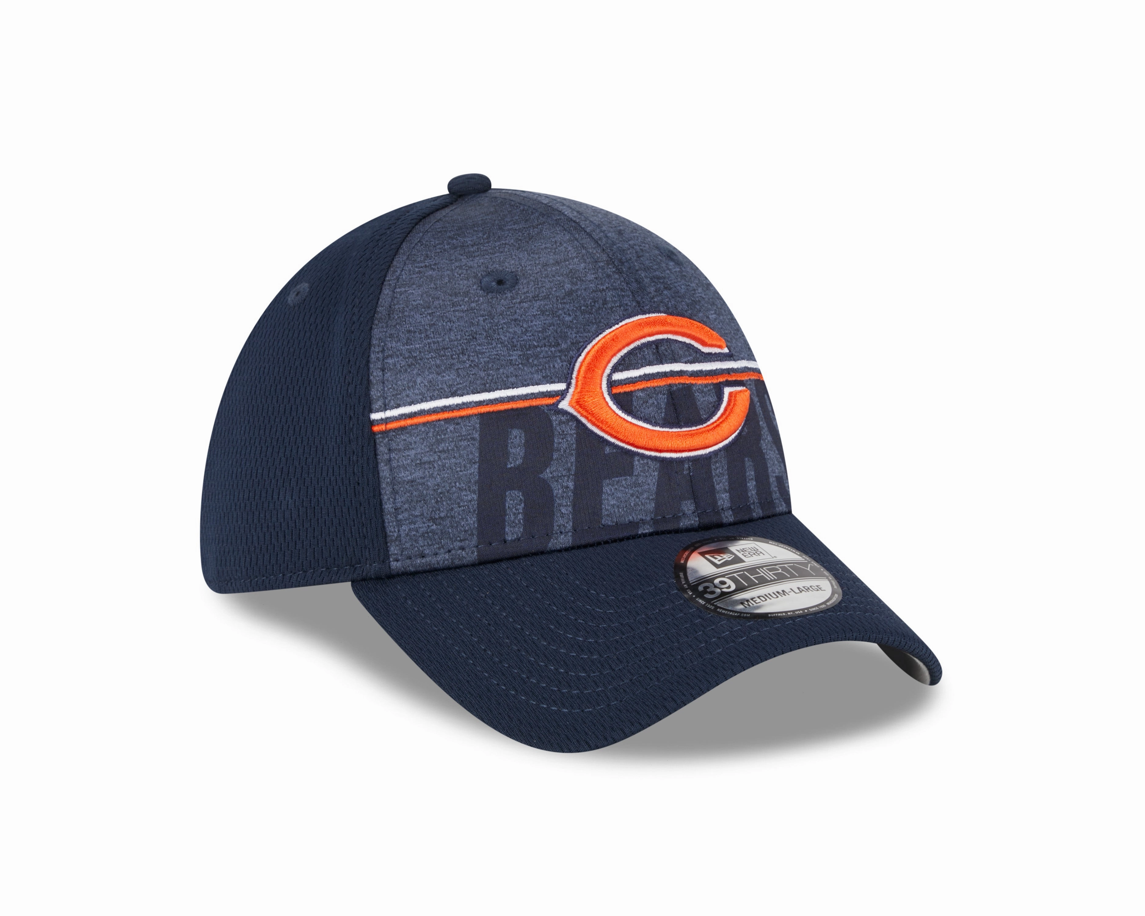 Men's Chicago Bears New Era NFL 2023 Training Camp Navy Primary Logo 39THIRTY Flex Fit Hat
