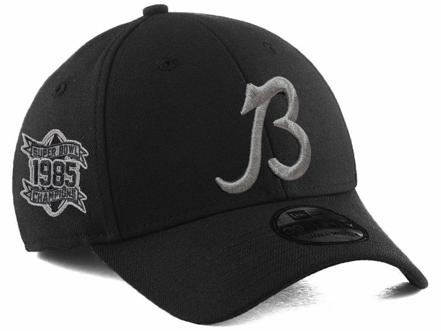 Men's Chicago Bears New Era "B" Black/Graphite 1985 Champions 39THIRTY Flex Hat