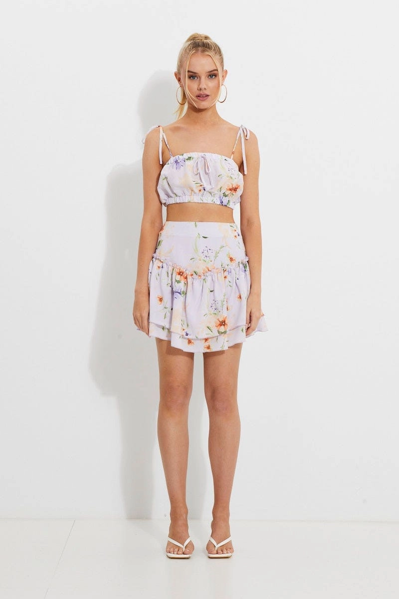 Print Print Ruched Tie Shoulder Crop To
