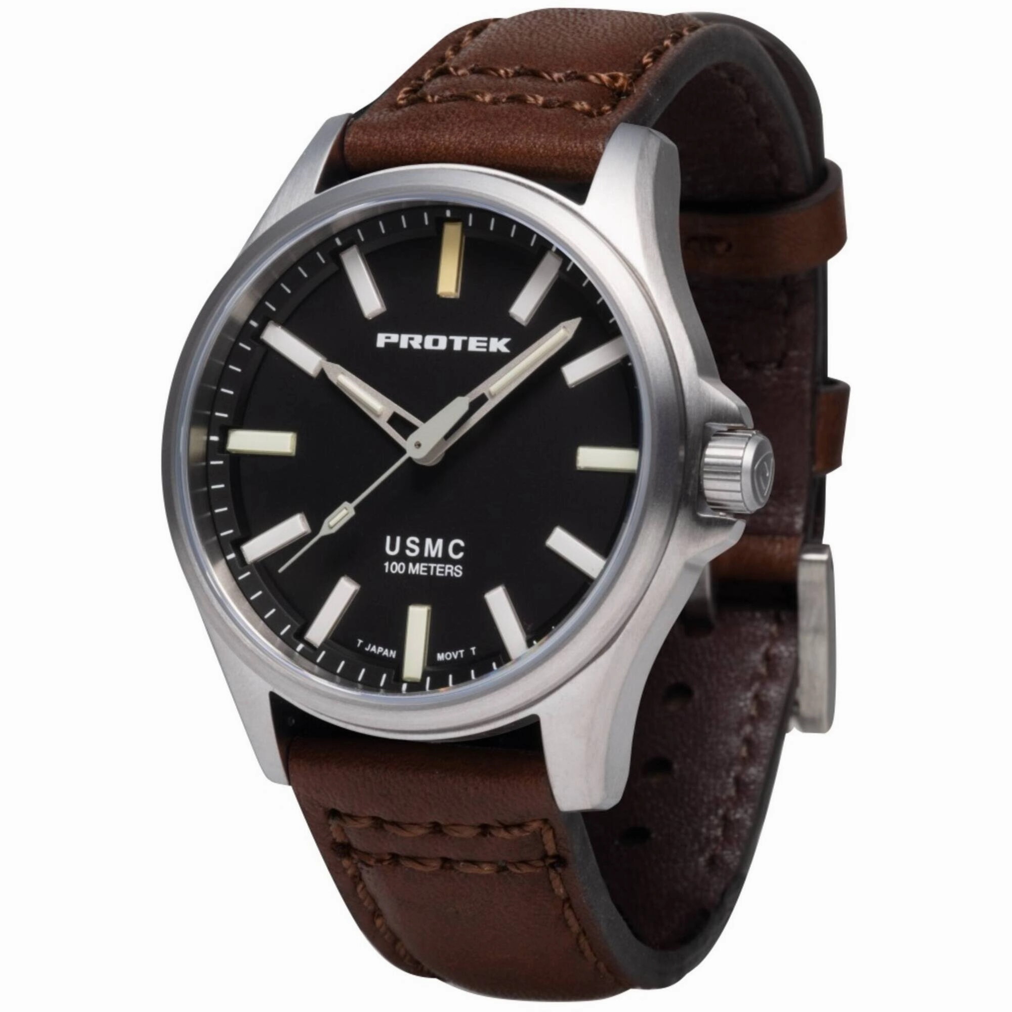 Protek Men's Watch - USMC Series Quartz Black Dial Dark Brown Leather Strap | 3101