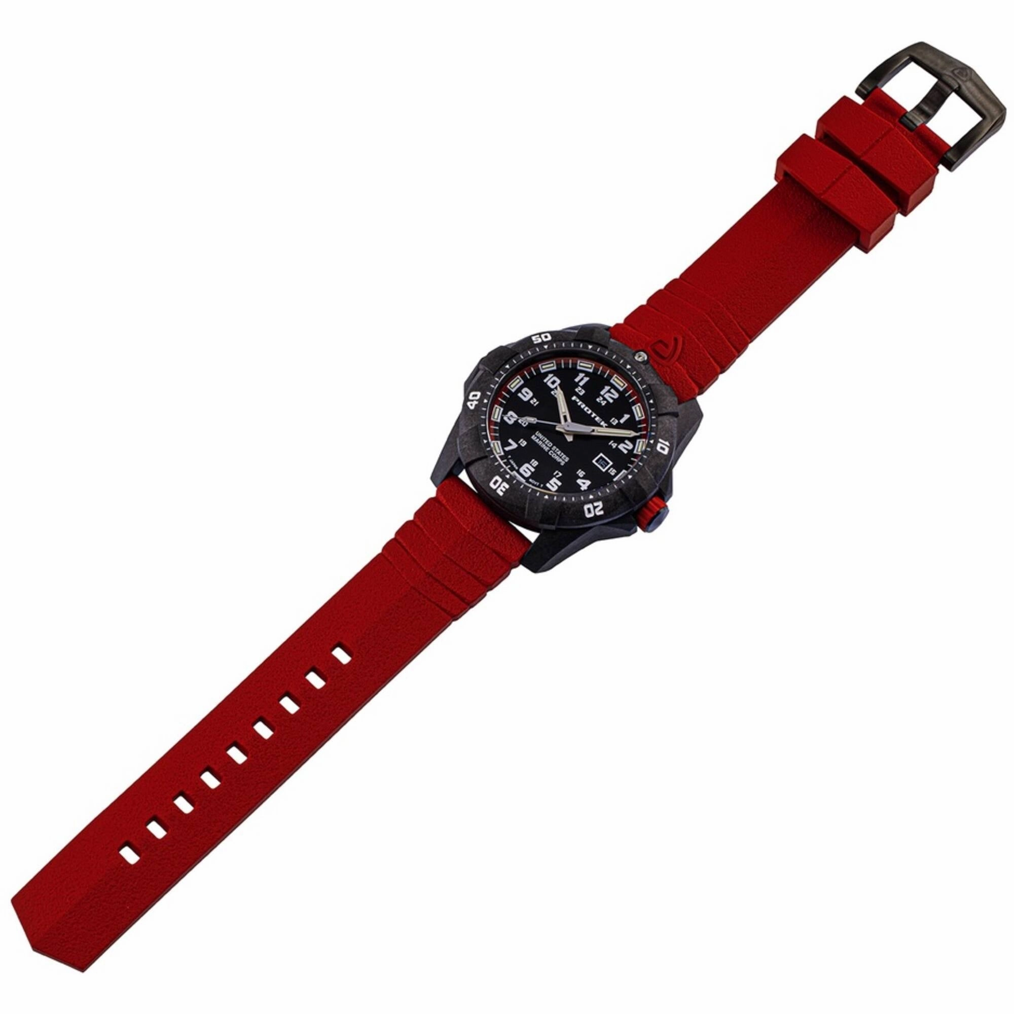 ProTek Men's Watch - USMC Series Quartz Black Dial Red Genuine Rubber Strap | 1012R