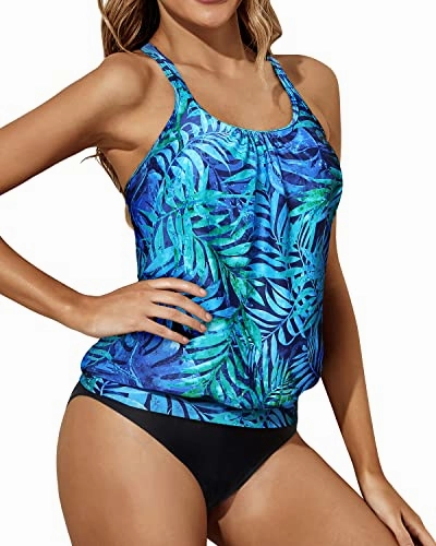 Sporty Casual Blouson Two Piece Tankini For Teen Girls-Dark Blue Green Leaves