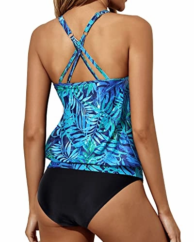 Sporty Casual Blouson Two Piece Tankini For Teen Girls-Dark Blue Green Leaves