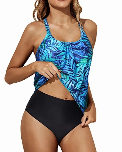 Sporty Casual Blouson Two Piece Tankini For Teen Girls-Dark Blue Green Leaves