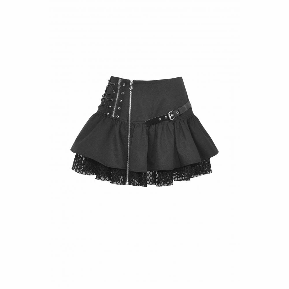 Women's Punk Mesh Splice Buckle Zipper Skirt